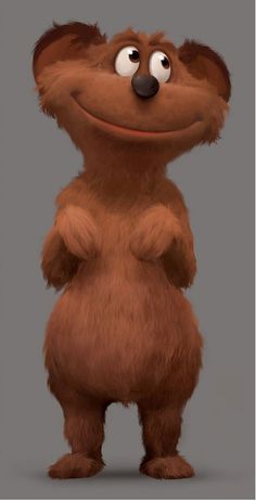 a cartoon bear with big eyes and brown fur standing on its hind legs in front of a gray background