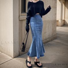 Lasaky - High-Waisted Denim Skirt with Body-Hugging Fit, Split Design, and Elegant Mermaid Flare Ruffle Long Skirt, Denim Shorts Outfit, Womens Pleated Skirt, High Waisted Denim Skirt, Long Denim Skirt, Fishtail Skirt, Trumpet Skirt, Skirts Midi High Waisted, Split Design