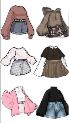 four different types of clothes are shown in this paper doll's cutout style