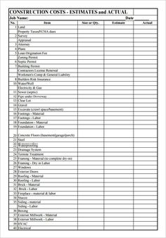 the construction cost list is shown in this file, and it includes several different types of items