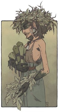 a drawing of a woman with flowers on her head and hands in her other hand