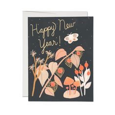 a happy new year card with an illustration of flowers and plants in the foreground