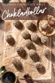 Chokladbollar on a piece of brown paper surrounded by a bowl of desiccated coconut and two mugs of coffee. Kafferep Recipe, European Dessert Recipes, Swedish Chocolate Balls, Swedish Treats, Swedish Chocolate, Coconut Oatmeal, Swedish Traditions, Chocolate Balls