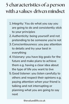 the 5 characteristics of a person with a value driven mindset info sheet on how to use them