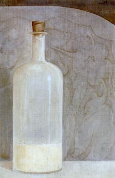 a painting of a white bottle with a cork top on a table next to a wall