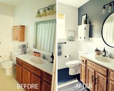 before and after photos of a bathroom remodel with wood cabinets, tile flooring, and white walls