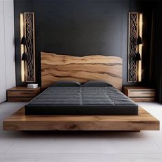 a modern bedroom with black walls and wooden furniture, including a platform bed that is made out of wood