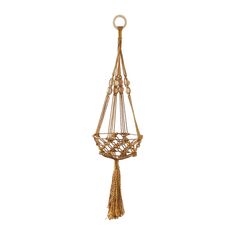 a hanging planter made out of rope with beads and tassels on it