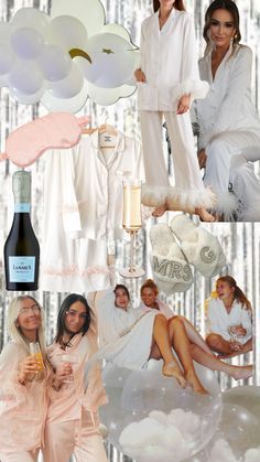 the collage shows women dressed in white and one woman holding a bottle of wine