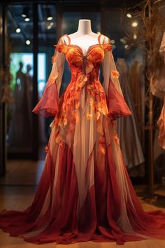 Spider Lily inspired gown Autumn Inspired Dress, Orange Gown Aesthetic, Orange Fairy Outfit, Autumn Ball Dress, Fantasy Fae Dress, Autumn Fantasy Dress, Autumn Court Fashion, Fairytail Outfits, Evil Princess Dress