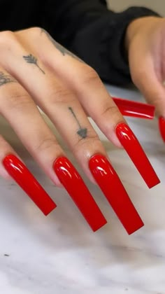 Cardi B Red Nails, Xl Red Nails, Long Red Acrylic Nails Design, Red Tapered Square Nails, Long Red Nail Ideas, Red Coffin Acrylic Nails, Red Nails Acrylic Coffin