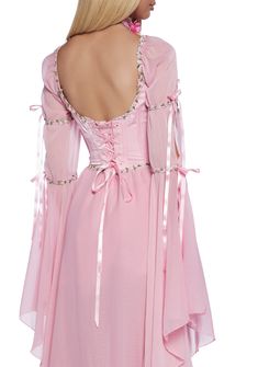 Rule the kingdom with this maxi dress that has a shimmery chiffon construction, a square neckline, an attached corset with structured boning, embroidered floral detailing, long flowy sheer bell sleeves with ribbon ties, a maxi skirt, a back lace-up closure, and a side zipper closure. Corset Maxi Dress, Dress With Floral Embroidery, Fairycore Fairy, Fairy Queen, Skirts With Boots, Pride Outfit, Platform Sandals Heels, Pink Maxi Dress, Kawaii Fashion