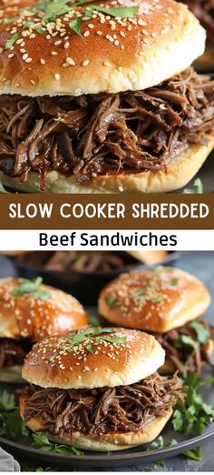 slow cooker shredded beef sandwiches on a plate