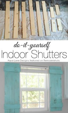 the before and after pictures of diy wood shutters with text overlay that reads, do it yourself indoor shutters