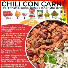 an advertisement for chili con carne with ingredients in the bottom right corner and on the left side