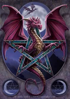 a red dragon sitting on top of a pentagramus