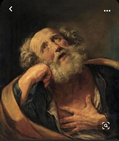 a painting of an old man with his hands on his chest and looking up to the sky