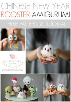 a collage of photos showing different types of stuffed animals and the words, chinese new year rooster amigurum