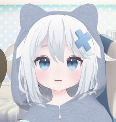 an anime character with white hair and blue eyes wearing a gray hoodie, sitting in front of a teddy bear