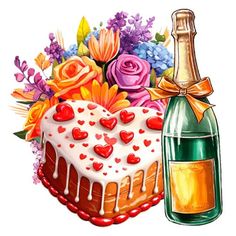 a heart shaped cake with flowers and a bottle of champagne