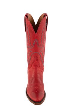 cowgirl boots  Lucchese stitch details  Material: Goat Toe Type: Lucchese 5-toe (snip) Heel Type: Lucchese 4-cowboy heel  Outsole: Leather  Insole: Cushioned leather Heel Height: 1 1/2" Shaft Height: 12" Care: Brush off with a damp cloth, apply with leather conditioner Manufactured: Handmade in Texas Western Red Square Toe Boots, Red Western Boots With Square Toe, Red Square Toe Western Boots, Western Red Boots With Snip Toe, Western Red Snip Toe Boots, Red Leather Boots For Rodeo, Red Fitted Boots For Rodeo, Fitted Red Boots For Rodeo, Red Leather Boots For Ranch