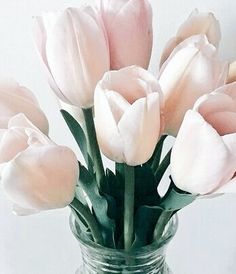 a glass vase filled with pink flowers on top of a white table next to a wall