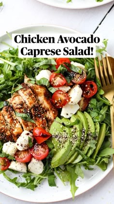 chicken avocado caprese salad on a white plate