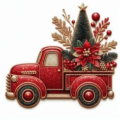 a red truck decorated with poinsettis and pine cones