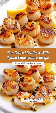 pan seared scallops with lemon caper sauce recipe on a white plate