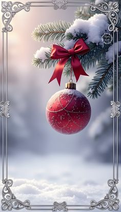 a red ornament hanging from a christmas tree with snow on the ground in front of it