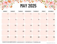 a calendar with flowers on it and the date for may in pink, orange and white