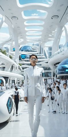 a woman in white is walking through a futuristic area with cars and people behind her