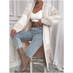 Cozy Khaki Color Block Stripes Fuzzy Open Front Cardigan Xs S M L Xl, Nylon Blend Trendy White Sweater Coat, Classy Office, Fall Stripes, Sweater Preppy, Jersey Tops, Going Out Shirts, Cardigan Casual, Gilet Long, White Accessories