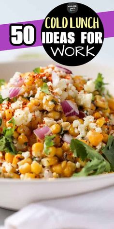 a white bowl filled with corn salad and topped with feta cheese, cilantro