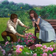 a painting of a man kneeling down next to a woman holding a watering hose in a garden