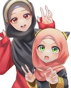 an anime character with green eyes and a hijab on her head is holding another person's hand