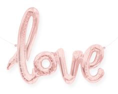 the word love is made out of balloons in pink gold foil on a white background