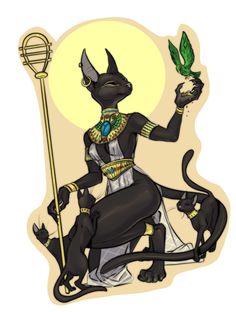 an egyptian cat holding a green plant in her hand and sitting on the ground with two black cats