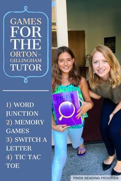 two girls are holding up a game for the children's book, which is in front of them