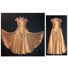 "Made by Harry Keiser, this is a dreamy organza dress in a lovely golden amber color. It has a grand sweeping hemline, a very light dress, you will want to wear a half slip under it, especially for reaching the fuller effect of the skirting. The only flaw is a black mark on the back, minor at best. I always recommend dry cleaning before wearing any vintage clothing. Bust 32-34\" Waist 26\" Hips free fitting Length from shoulder to hem is 47\"" Gold Ball Gown With Fitted Bodice For Evening, Vintage Organza Prom Dress, Vintage Gold Dress For Vintage Events, Vintage A-line Wedding Evening Dress, Gold Silk Evening Dress For Prom, Gold Silk Prom Evening Dress, Gold Organza Gown For Party, Vintage Gold Evening Dress For Wedding, Vintage Silk Prom Dress