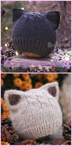 two pictures of knitted hats with cats on them