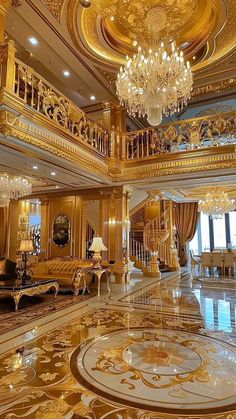 an elaborately decorated living room with chandelier and couches in gold tones