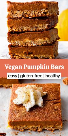 A stack of vegan and gluten free pumpkin bars. Vegan Gf Pumpkin Dessert, Vegan Thanksgiving Dessert Recipes, Milk Bar Pumpkin Pie, Vegan Pumpkin Bars, Pumpkin Pie Healthy, Vegan Fall Dessert Recipes, Vegan Pumpkin Pie Bars