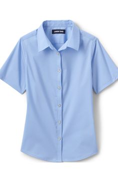 This shirt doesn'tjust keep her looking neat and well-dressed through the day, it also keeps her completely covered and confident thanks to innovative No Gape hidden-button feature that prevents gaping at the bust. The stretch fabric provides comfort that moves with her, and an easy-care finish keeps this shirt crisp after every wash. An ideal dress shirt for school days and special occasions. No Gape® hidden-button feature seamlessly designed in to prevent gaping at the bust, offering compl School Uniform Kids, Uniform Shirts, Sea Blue, School Days, Well Dressed, Collar Shirts, Lands End, Shirt Online, Fitness Fashion