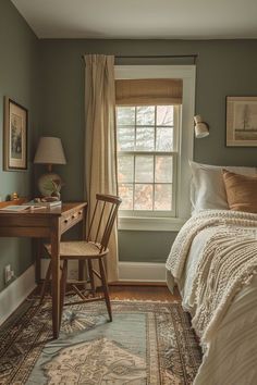 a bedroom with a bed, desk and chair in front of a window on the wall