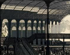 the interior of a train station with lots of windows and people standing on platforms in it