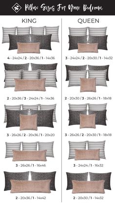 the bedding size guide for king and queen sized pillows