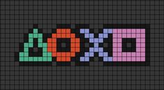 A pixel art template of the PlayStation button icons (of 4) lined up, connected to one another side by side. Controller Pixel Art, Perler Bead Xbox Controller, Playstation Cross Stitch, Cross Stitch Patterns Video Games, Gamer Cross Stitch Pattern