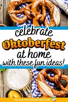 an advertisement for the oktoberfest at home with pretzels and beer