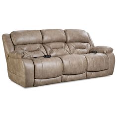 the power reclining sofa is shown with two seats and one arm rests on it's headrest